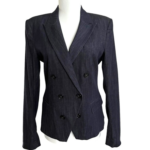 Theory Double Breasted Darlin Turning Blazer size 8 Jacket Navy Blue stretch - Picture 3 of 12